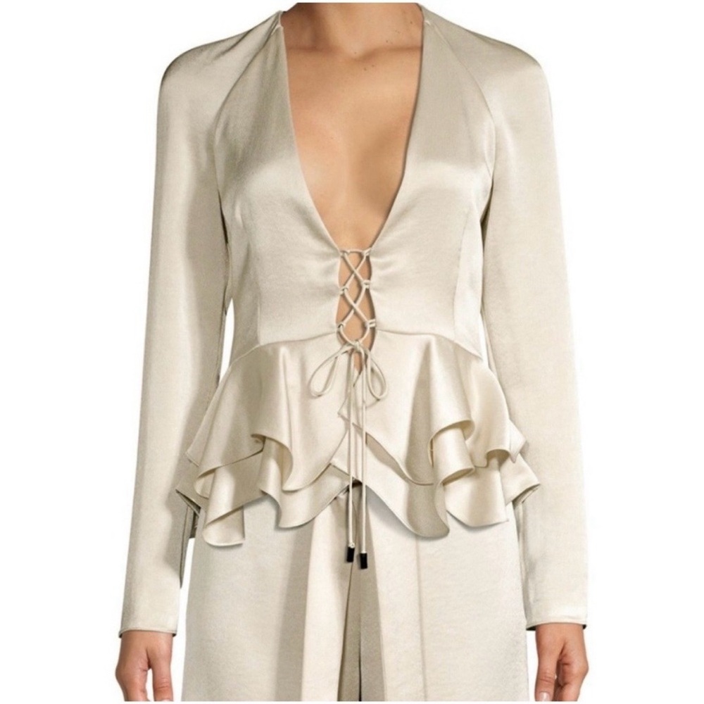 Alexis Reagan Lace Up Elegant Cream Tiered Ruffle Peplum Satin Blouse XS